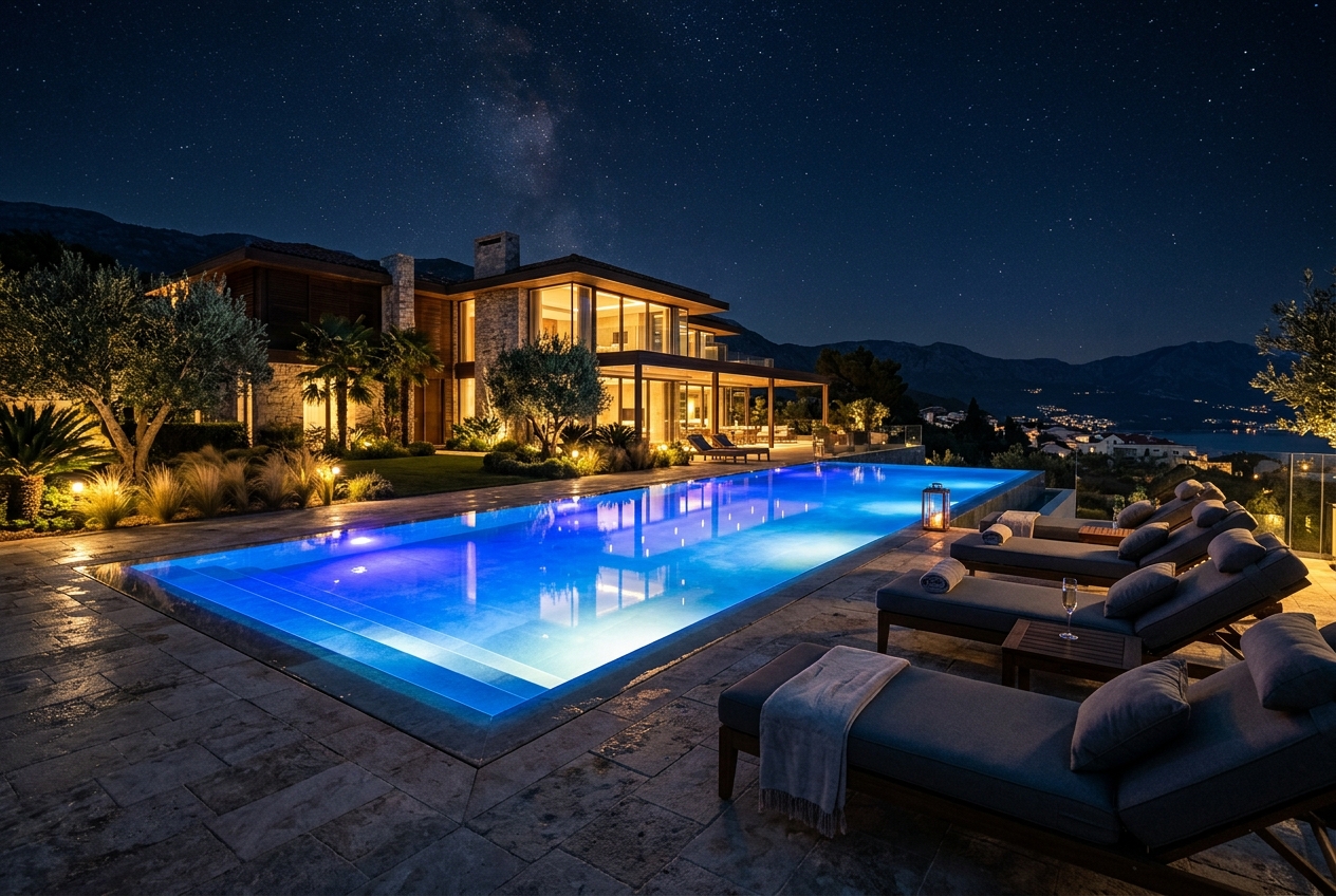 Piscina iluminada à noite